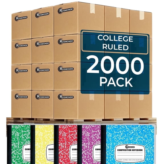Rosmonde Composition Notebooks Bulk Pallet, 2000 Pack, College Ruled, 200 Pages (100 Sheets), 9.75 x 7.5 in, Marble Cover, Bulk Notebooks for School & Office Use, 4–7 Day Transit