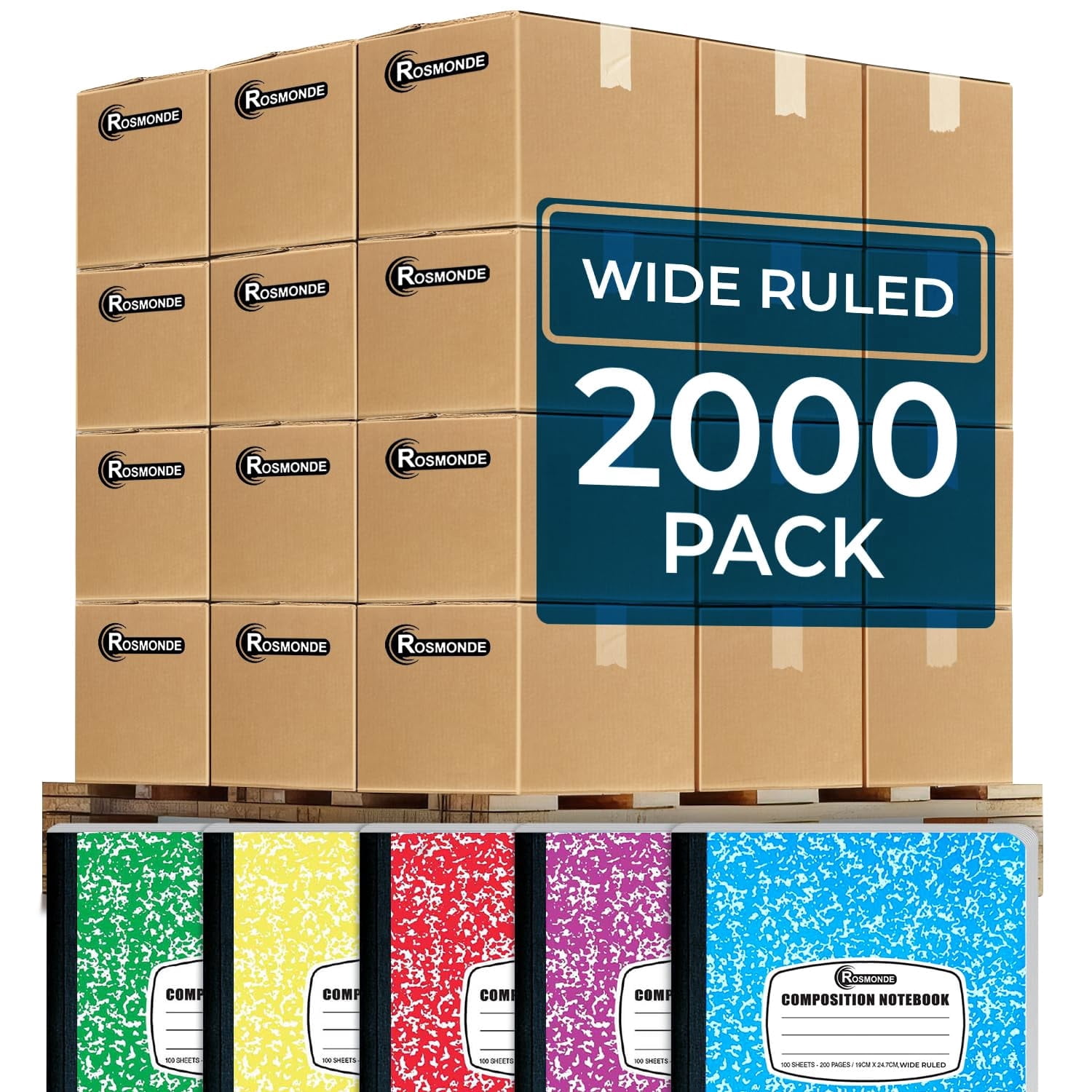 Rosmonde Composition Notebooks Bulk Pallet, 2000 Pack, Wide Ruled, 200 Pages (100 Sheets), 9.75 x 7.5 in, Marble Cover, Full Pallet, Bulk Notebooks for School & Office, 4–7 Day Transit