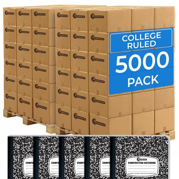 Rosmonde Composition Notebooks Bulk Pallet, 5000 Pack, College Ruled, 200 Pages (100 Sheets), 9.75 x 7.5 in, Black Marble Cover, Bulk Supplies for School Districts, 4–7 Day Transit