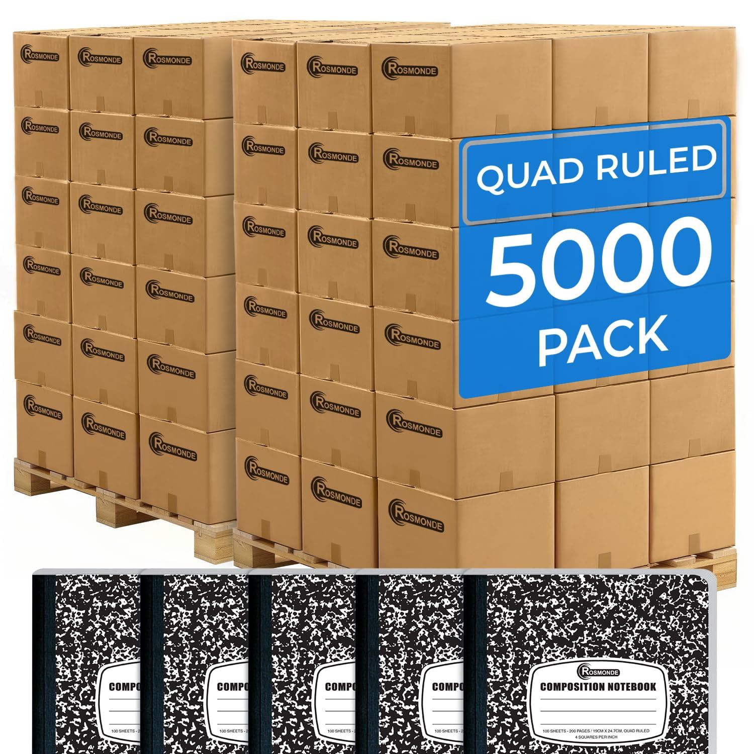 Rosmonde Composition Notebooks Bulk Pallet, 5000 Pack, Quad Ruled, 200 Pages (100 Sheets), 9.75 x 7.5 in, Black Marble Cover, Bulk Supplies for School Districts & Office, 4–7 Day Transit