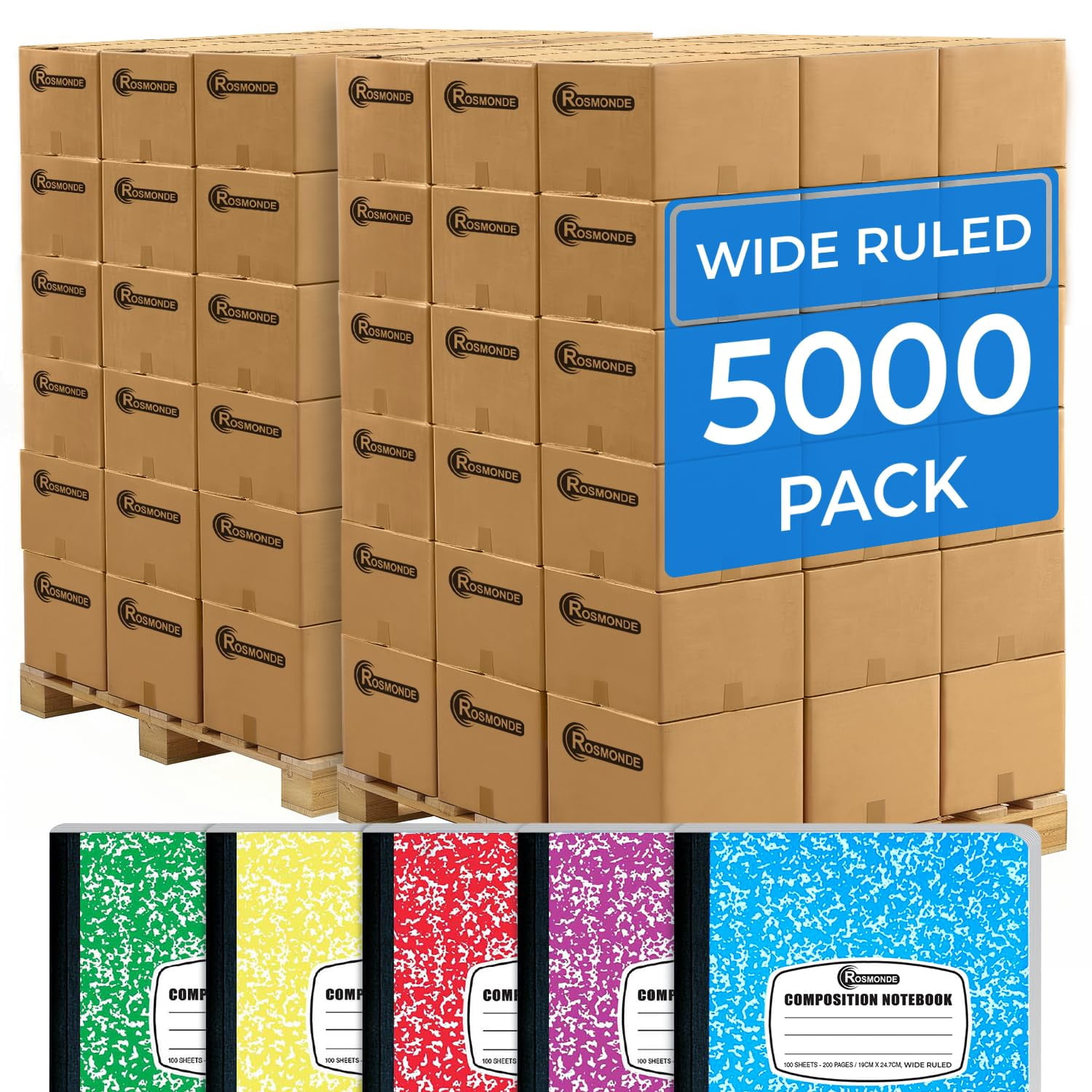 Rosmonde Composition Notebooks Bulk Pallet, 5000 Pack, Wide Ruled, 200 Pages (100 Sheets), 9.75 x 7.5 in, Marble Cover, Bulk Supplies for School Districts & Educational Centers, 4–7 Day Transit