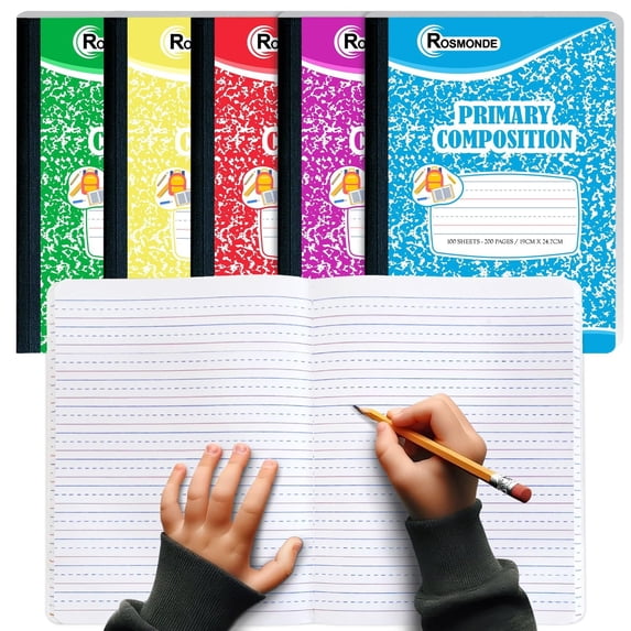 Rosmonde Primary Composition Notebooks 5 Pack, 200 Pages (100 Sheets), Dotted Ruled, 9.75 x 7.5 in, Sewn Binding Hard Cover, Marble Colors, Writing Notebook for Early Learners