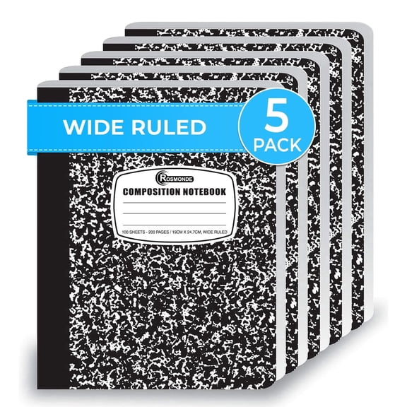 Rosmonde Composition Notebooks 5 Pack, Wide Ruled, 200 Pages (100 Sheets), 9.75 x 7.5 in, Hard Cover, Back to School Supplies, Notebooks for School, Office & Work Use