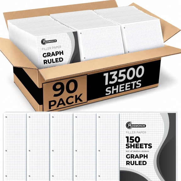 Rosmonde Graph Paper Bulk, 13,500 Sheets, 90 Pack, 4x4 Quad Ruled, 8 x 10.5", 3-Hole Punched, Loose Leaf Graph Paper, Thick Grid Paper, Fits Standard Binders, White