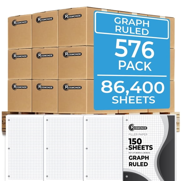 Rosmonde Graph Paper Bulk Pallet, 576 Pack, 86,400 Sheets, 4x4 Quad Ruled, 8 x 10.5 in, 3 Hole Punched, Loose Leaf Graphing Paper for Binders, School & Office Use, 4–7 Day Transit