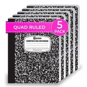 Rosmonde Graph Composition Notebooks 5 Pack, Quad Ruled 4x4 Grid, 200 Pages 100 Sheets, 9.75 x 7.5 in, Black Marble, Sewn Hard Cover, Graph Paper Notebooks for School & Math Use