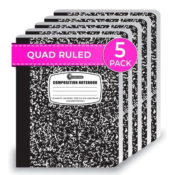 Rosmonde Graph Composition Notebooks 5 Pack, Quad Ruled 4x4 Grid, 200 Pages (100 Sheets), 9.75 x 7.5 in, Black Marble, Sewn Hard Cover, Graph Paper Notebooks for School & Math Use