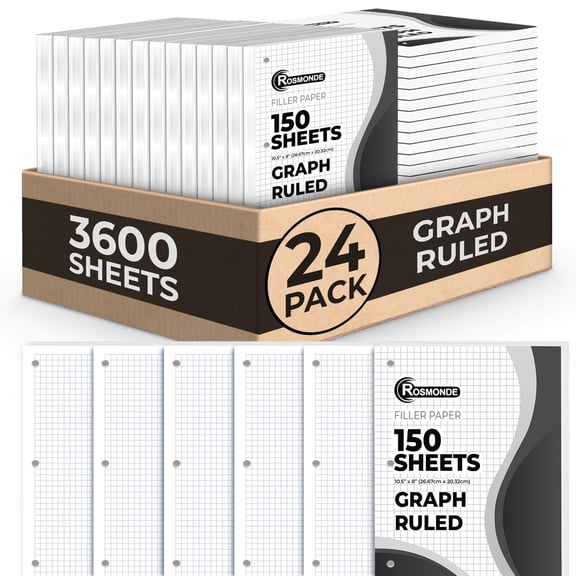 Rosmonde Loose Leaf Paper, 3600 Sheets, 24 Pack, 56 gsm Quad Ruled Sheets, 8" x 10.5", Bulk Notebook Paper, 3 Hole Punched, 150 Sheets/Pack, Graph Ruled Filler Paper for Binders, Loose Leaf Paper