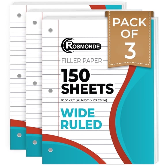 Rosmonde Loose Leaf Paper, 450 Sheets, 3 Pack, 56 gsm Wide Ruled Sheets, 8" x 10.5", Bulk Notebook Paper, 3 Hole Punched, 150 Sheets/Pack, Wide Ruled Paper for Binders, Loose Leaf Office Paper, White