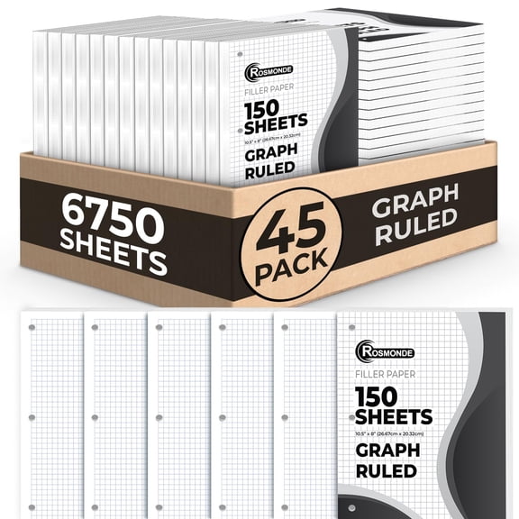 Rosmonde Loose Leaf Paper, 6750 Sheets, 45 Pack,  Quad Ruled Sheets, 8" x 10.5", Bulk Notebook Paper, 3 Hole Punched, 150 Sheets/Pack, Graph Ruled Filler Paper for Binders, Loose Leaf Paper