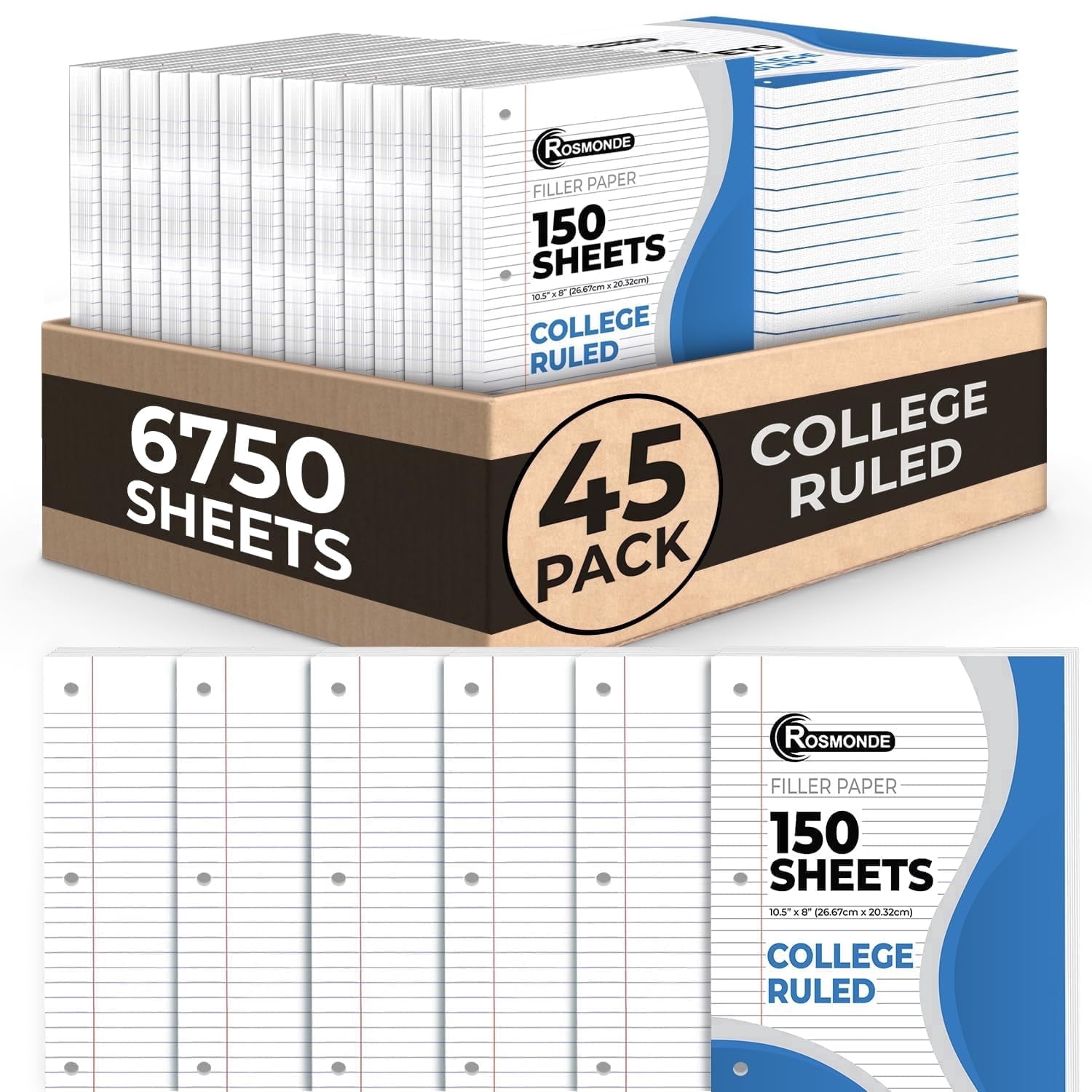 Rosmonde Loose Leaf Paper, 6750 Sheets, College Ruled Paper, Notebook Paper for Office, 8 x 10.5", Bulk Loose Leaf Paper, 3 Hole Punched, 45 Pack, 150 Sheets/Pack, Bulk White Filler Paper, Bulk Paper