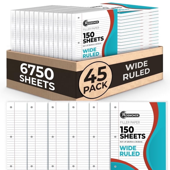 Rosmonde Loose Leaf Paper Bulk, 6750 Sheets, Wide Ruled, 8 x 10.5 in, 3 Hole Punched, 45 Pack (150 Sheets Each), Filler Paper for Binders, White Notebook Paper for School & Office Use
