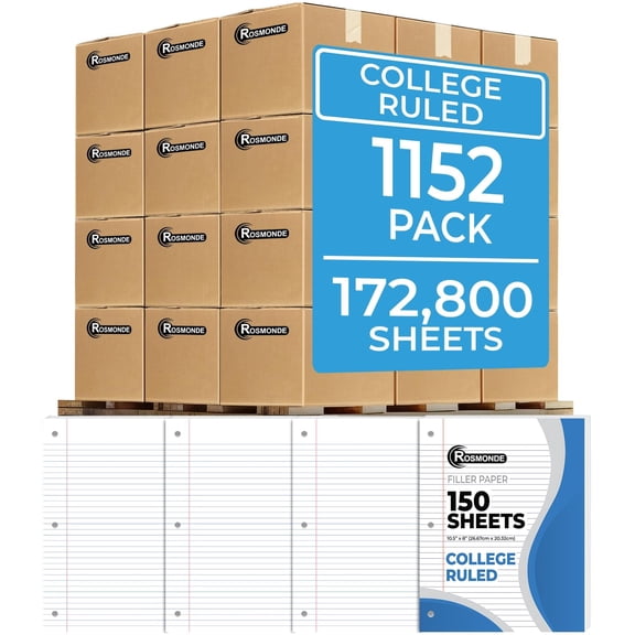 Rosmonde Loose Leaf Paper Bulk Pallet, 1152 Pack, 172,800 Sheets, College Ruled, 150 Sheets/Pack, 8 x 10.5 in, 3 Hole Punched, Thick Paper, School & Office Use, 4–7 Day Transit