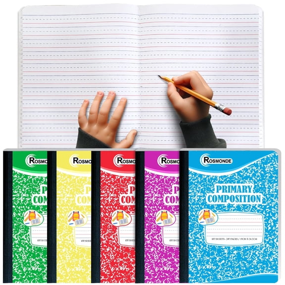 Rosmonde Primary Composition Notebooks 5 Pack, 200 Pages (100 Sheets), Dotted Ruled for Grades K2, 9.75 x 7.5 in, Hard Cover, Assorted Marble Colors, Early Learning Writing Workbook