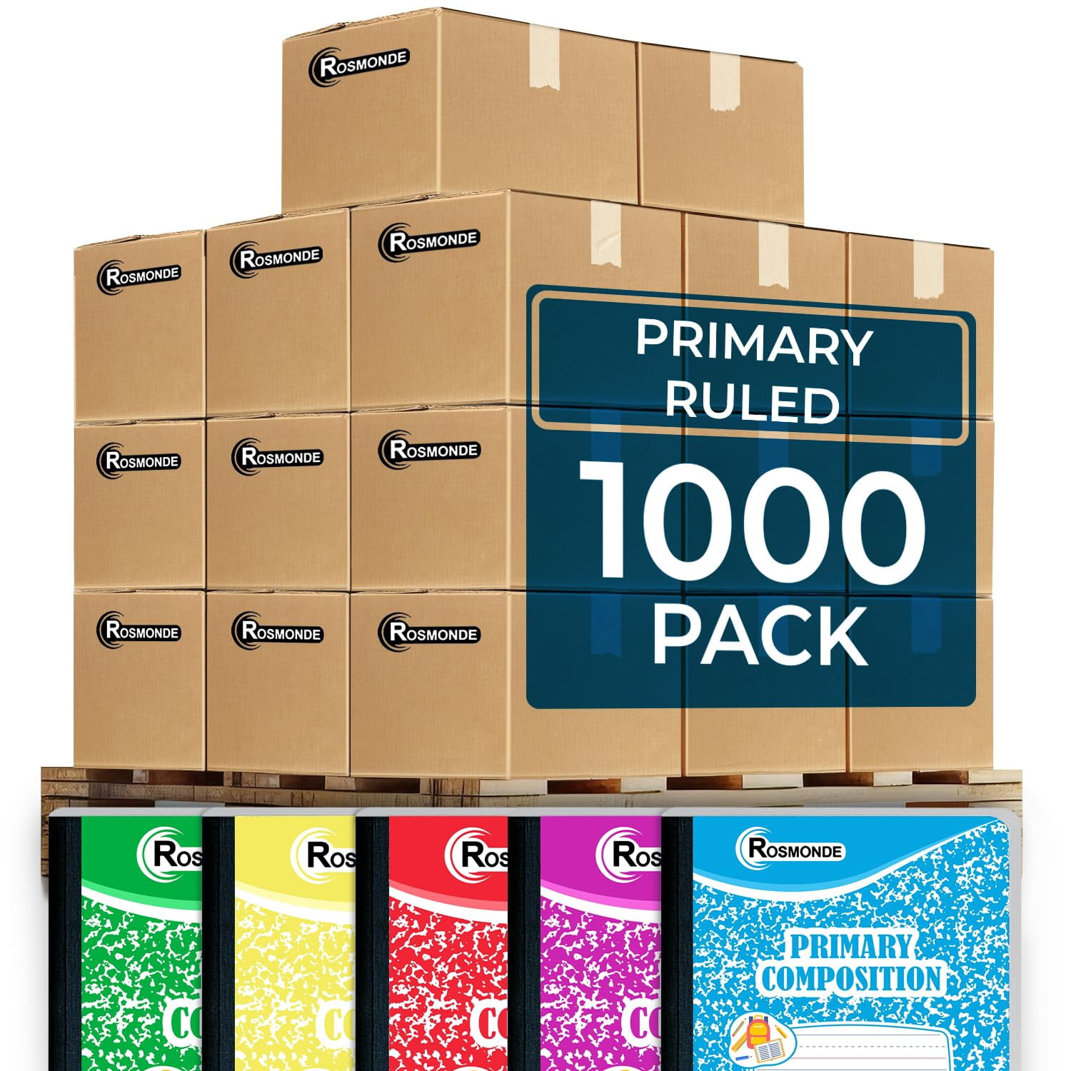 Rosmonde Primary Composition Notebooks Bulk Pallet, 1000 Pack, 200 Pages (100 Sheets), 9.75 x 7.5 in, Dotted Ruled for Grades K–2, Marble Cover, Bulk School Supplies, 4–7 Day Transit