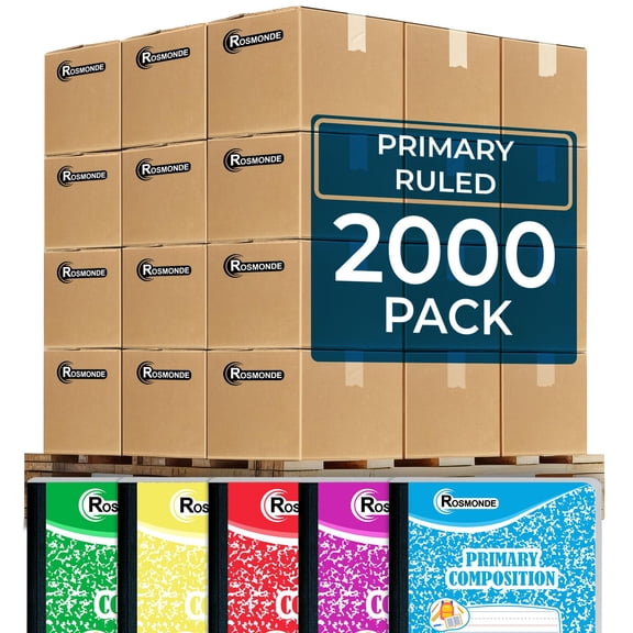 Rosmonde Primary Composition Notebooks Bulk Pallet, 2000 Pack, 200 Pages (100 Sheets), 9.75 x 7.5 in, Dotted Ruled for Grades K–2, Full Pallet, Bulk Notebooks for School, 4–7 Day Transit