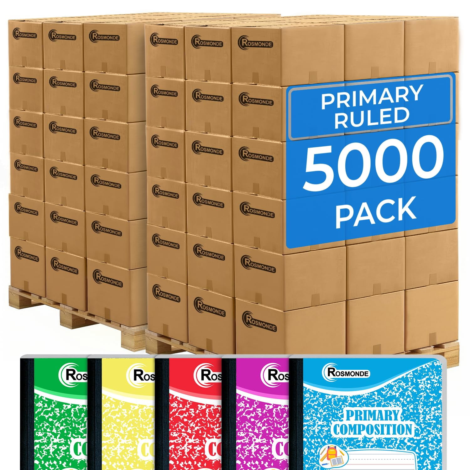 Rosmonde Primary Composition Notebooks Bulk Pallet, 5000 Pack, 200 Pages (100 Sheets), 9.75 x 7.5 in, Dotted Ruled for Grades K–2, Bulk Supplies for School Districts, 4–7 Day Transit