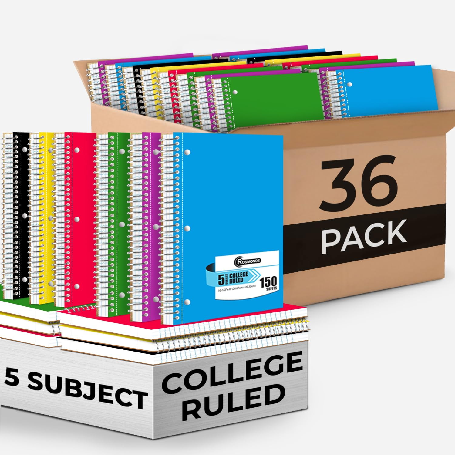 Rosmonde Spiral Notebook 36 Pack, 5 Subject, 300 Pages/Book (150 Sheets), College Ruled, 8 x 10-1/2, School & Office Bulk Spiral Notebooks, Sturdy Spiral Journal Notebook, Soft Cover, Assorted Colors