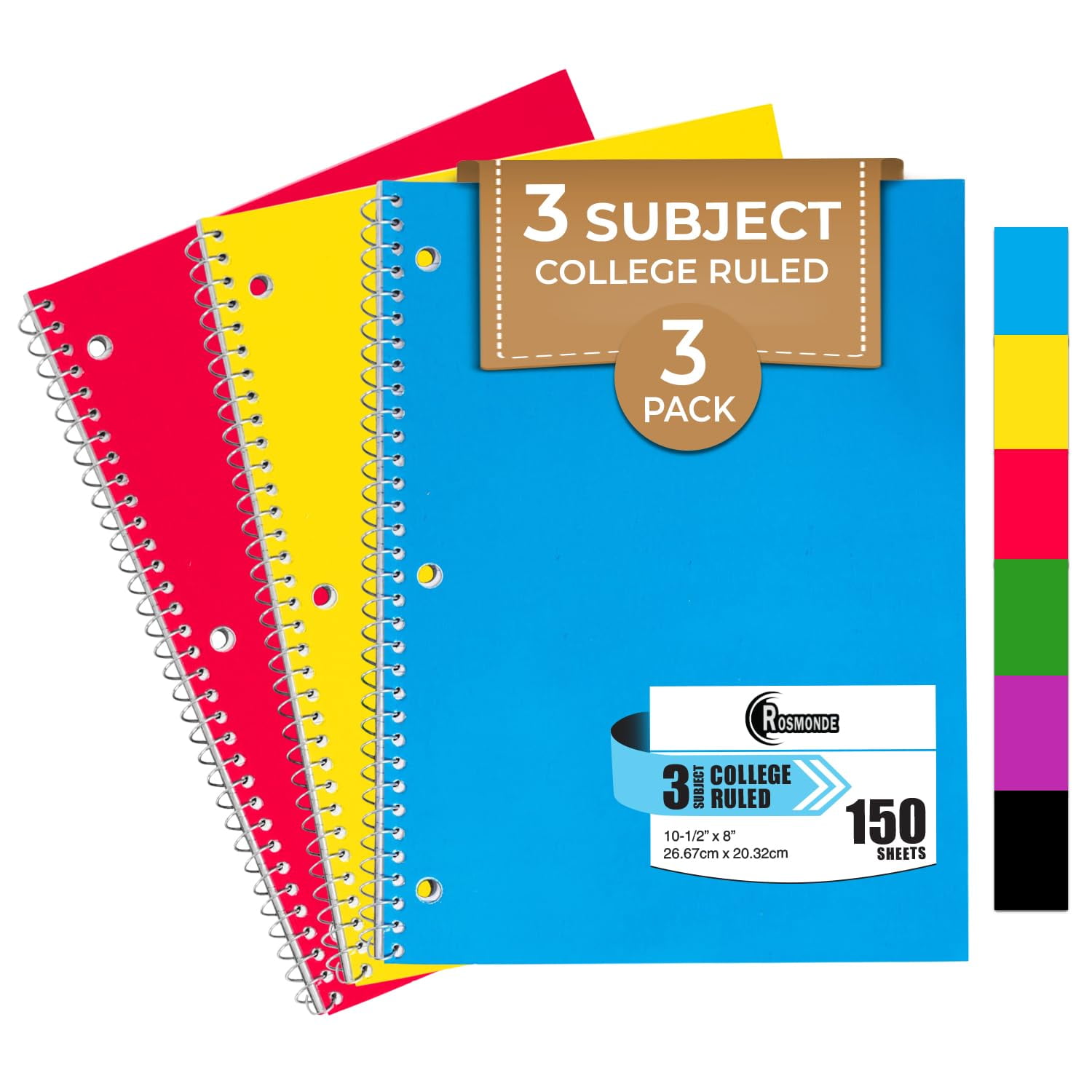 Rosmonde Spiral Notebooks, 3 Pack, 3 Subject, College Ruled, 150 Sheets