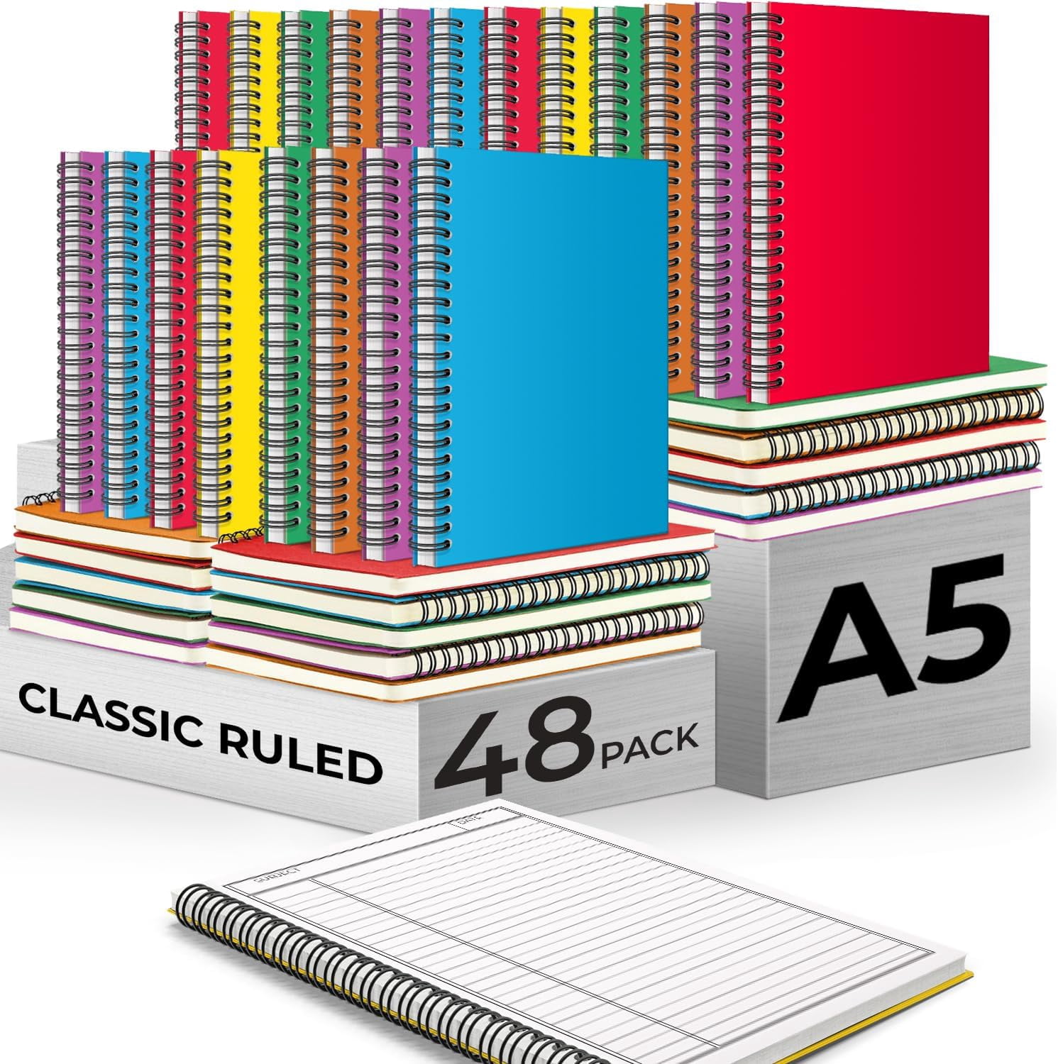 Rosmonde Spiral Notebooks Bulk, 48 Pack, A5 Lined Sheets, 8.3