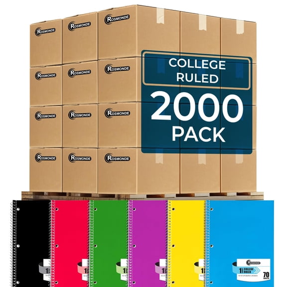 Rosmonde Spiral Notebooks Bulk Pallet, 2000 Pack, 1 Subject, College Ruled, 70 Sheets (140 Pages), 8 x 10.5 in, Bulk Spiral Notebooks for School & Office Use, 4–7 Day Transit