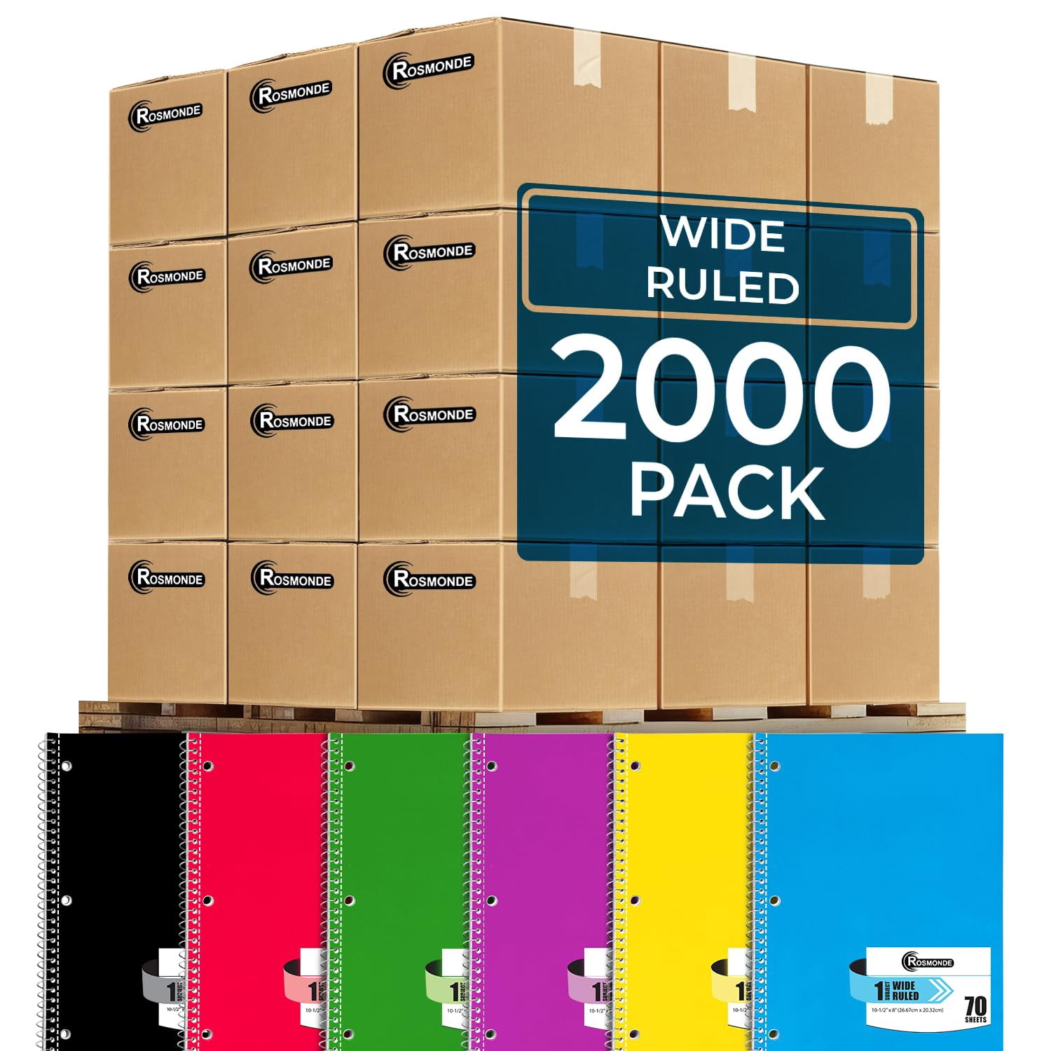Rosmonde Spiral Notebooks Bulk Pallet, 2000 Pack, 1 Subject, Wide Ruled, 70 Sheets (140 Pages), 8 x 10.5 in, Bulk Spiral Notebooks for School & Office Use, 4–7 Day Transit