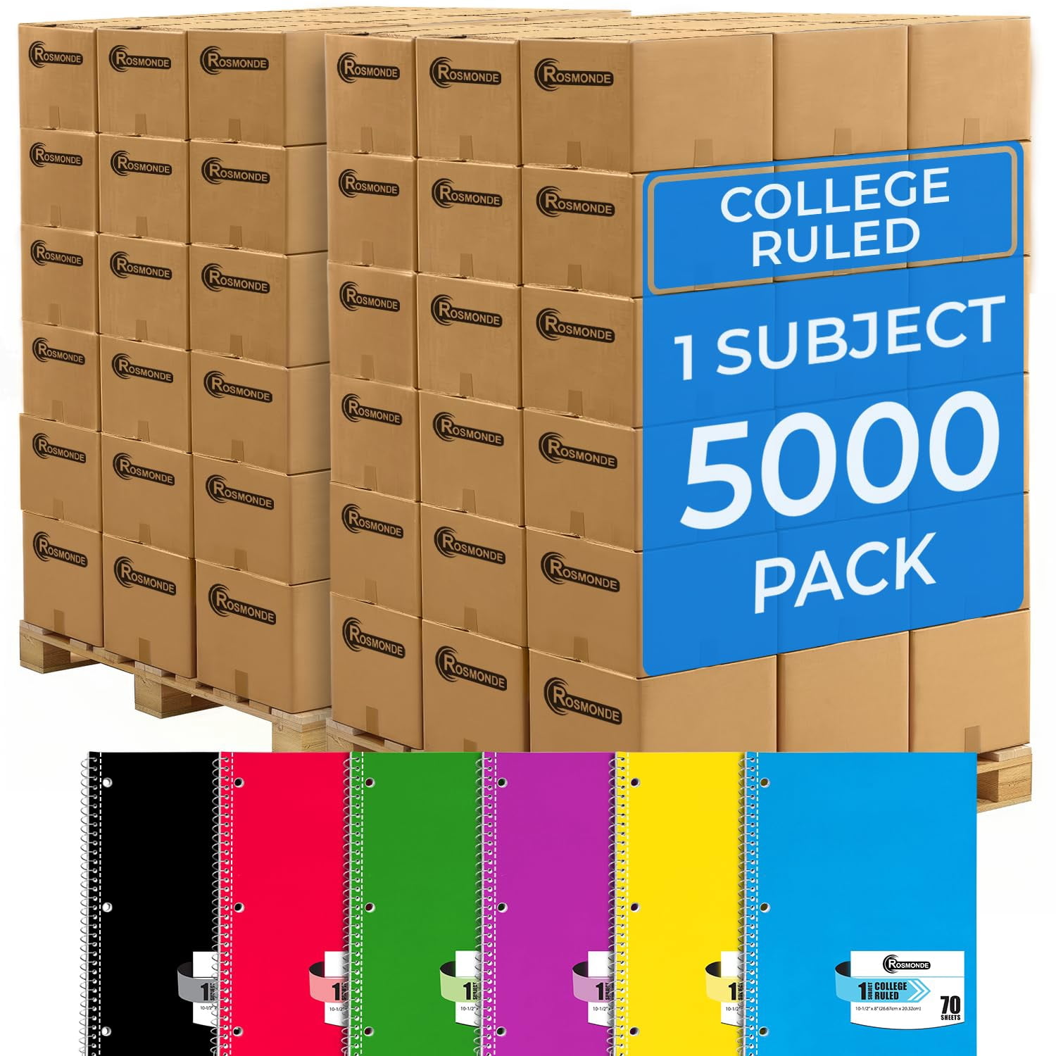 Rosmonde Spiral Notebooks Bulk Pallet, 5000 Pack, 1 Subject, College Ruled, 70 Sheets (140 Pages), 8 x 10.5 in, Bulk Spiral Notebooks for School Districts & Office, 4–7 Day Transit