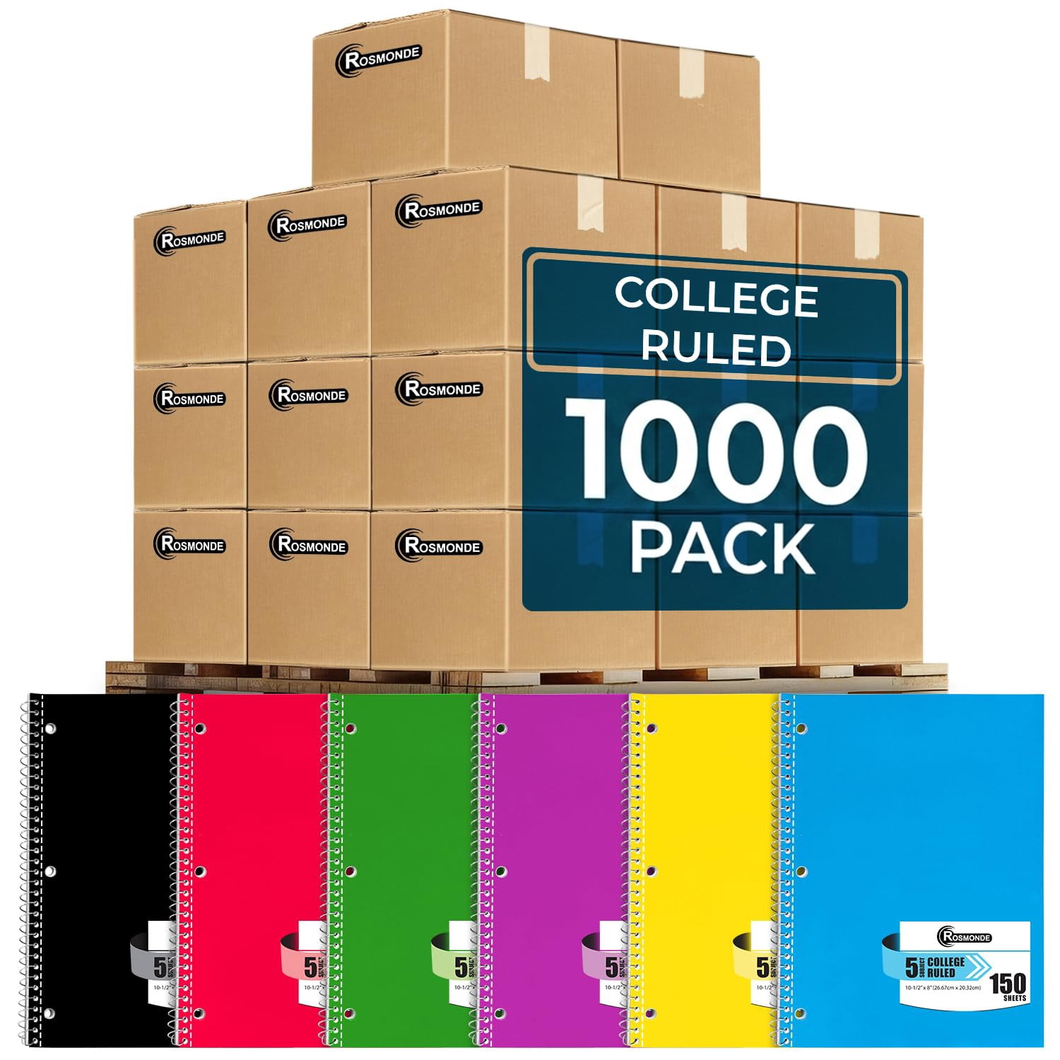Rosmonde Spiral Notebooks Bulk Pallet, 1000 Pack, 5 Subject, College Ruled, 150 Sheets (300 Pages), 8 x 10.5 in, Bulk Spiral Notebooks for School & Office Use, 4–7 Day Transit