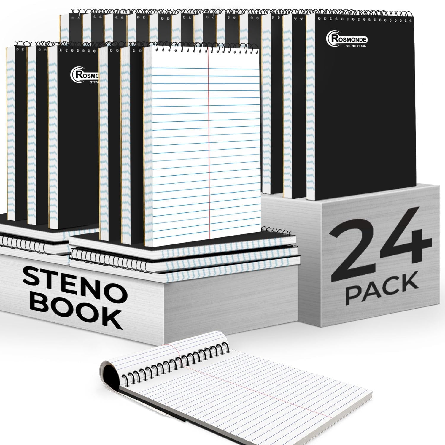 Rosmonde Spiral Steno Pads 24 Pack, 6 x 9 in, Gregg Ruled, 80 Sheets (160 Pages), Top Spiral Notebook, Black Cover, Bulk Steno Pads for Business, Office & Professional Use
