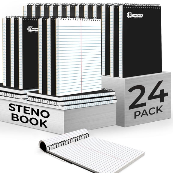 Rosmonde Spiral Steno Pads 24 Pack, 6 x 9 in, Gregg Ruled, 80 Sheets (160 Pages), Top Spiral Notebook, Black Cover, Bulk Steno Pads for Business, Office & Professional Use