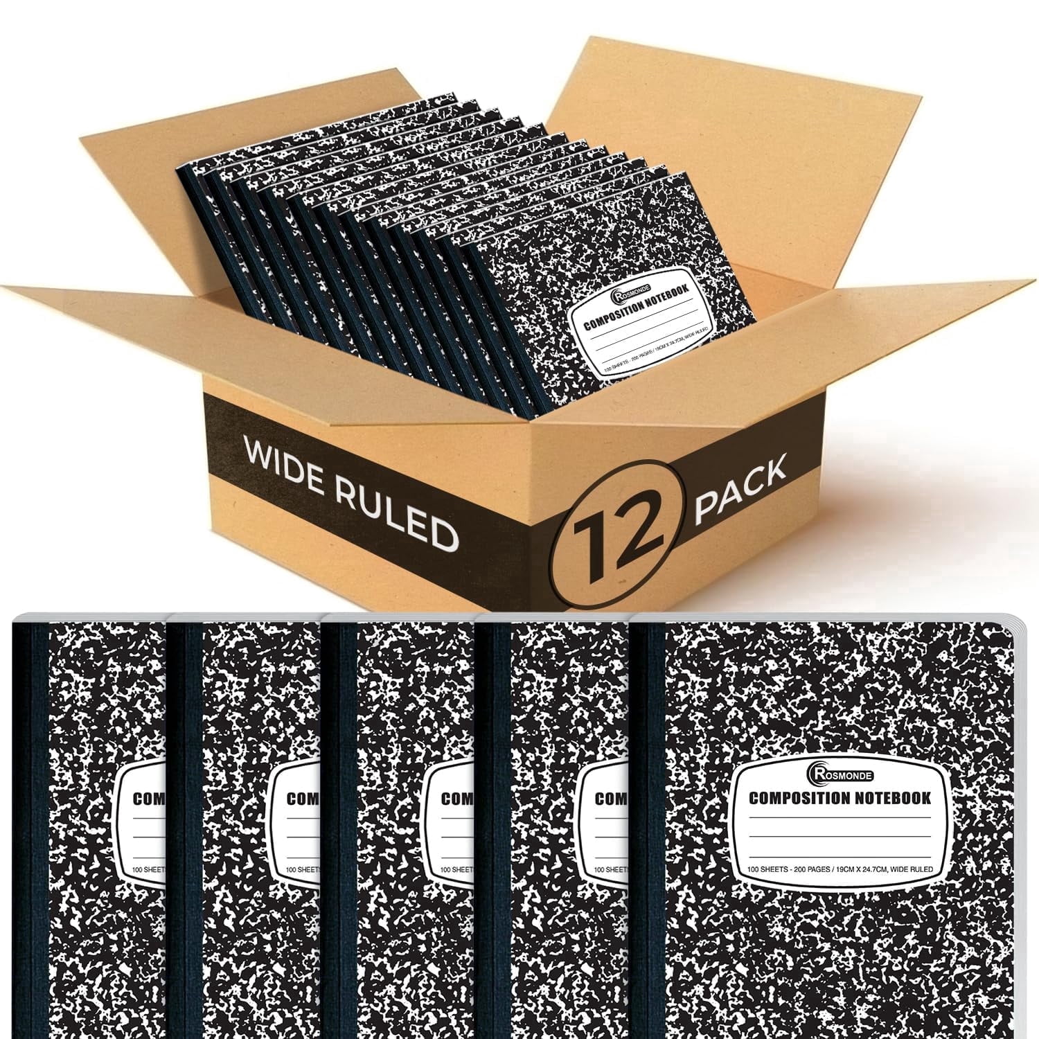 Rosmonde Wide Ruled Composition Notebooks, 12 Pack, 200 Pages (100 Sheets), 9-3/4 x 7-1/2", Black Marble Composition Notebook, Office Supplies Composition Book, Wide Ruled Notebooks for Work & School