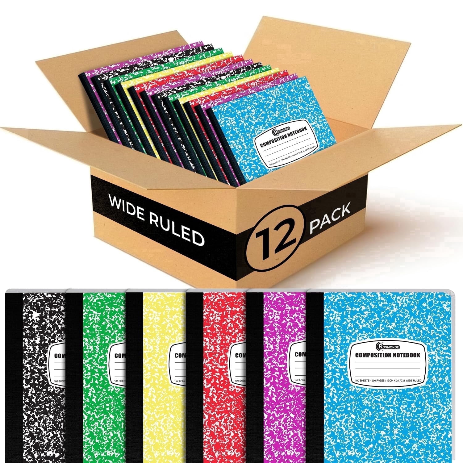 Rosmonde Composition Notebooks 12 Pack, Wide Ruled, 200 Pages (100 Sheets), 9.75 x 7.5 in, Hard Cover, Assorted Colors May Repeat, Bulk Notebooks for School & Office Use