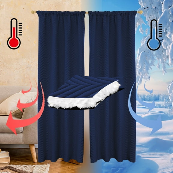 Rosnek 100% Blackout Thermal Insulated Curtains for Winter, Rod Pocket Cold Blocking Windproof Soundproof Thicken Quilted Curtain for Living room, Bedroom, 55''x 69'', Navy Blue, 1 Panel