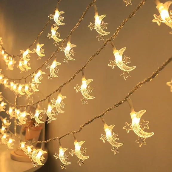 Rosnek 2 PCS LED Star Moon Mini String Lights Battery Powered Star Fairy String Lights for Wedding Garden Decoration, Party Festival Lights, Ramadan Decorations Light
