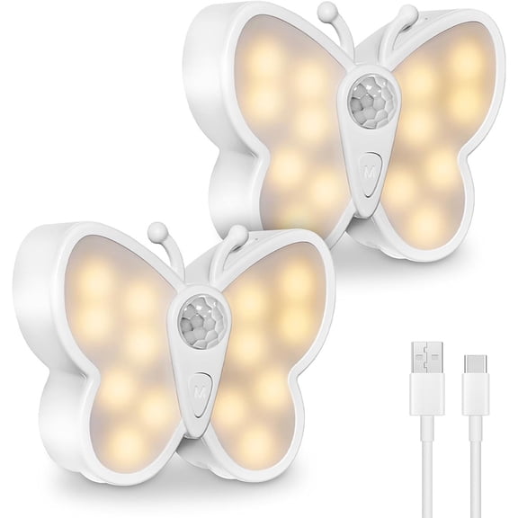 Rosnek 2 Pack Rechargeable Butterfly Motion Sensor Night Lights, Dimmable LED Night lights with Auto Dusk to Dawn Sensor Magnetic Cordless Light for Hallway Bedroom Stairway
