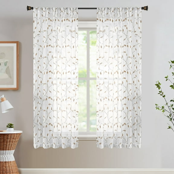 Rosnek 2 Panels Embroidered Sheer Curtains 57 Inches Long, Semi-Sheer Leaf Patterned Curtains Rod Pocket Voile Drapes for Bedroom Living Room, Khaki, 55"x 57"