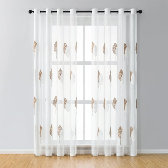 Rosnek 2 Panels Embroidery Sheer Curtain Leave 55"x 57" Grommet Voile Window Curtains for Living Room Bedroom