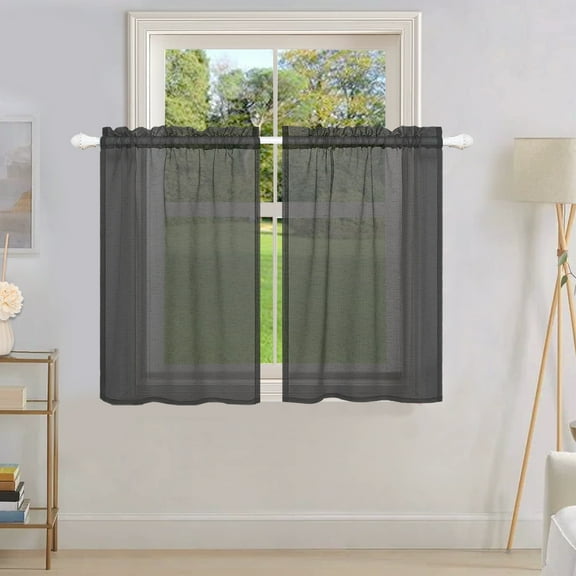 Rosnek 2 Panels Sheer Kitchen Curtains 24 inches Tier Short Curtains Transparent Voile Half Window Treatments Rod Pocket Cafe Curtains, Dark Grey