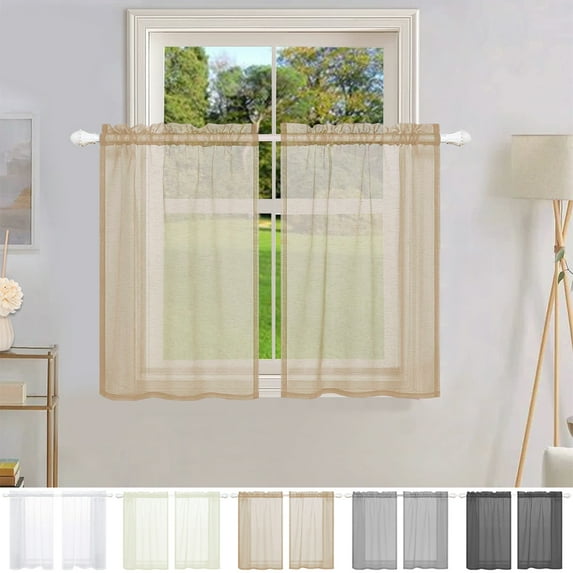 Rosnek 2 Panels Sheer Kitchen Curtains 36 inches Tier Short Curtains Transparent Voile Half Window Treatments Rod Pocket Cafe Curtains, Khaki