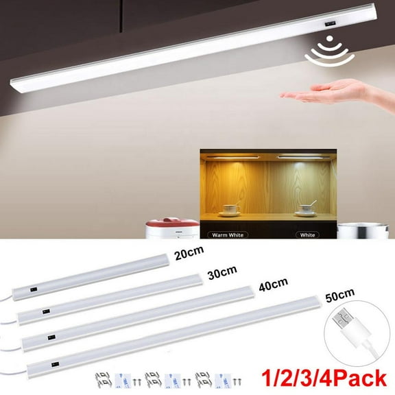 Rosnek 20/30/40/50cm Hand Sweep Sensor LED Strip Bar Light, LED Closet Light Night Light Under Cabinet Lighting, USB Powered, Safe Lights for Hallway Bedroom Kitchen, 1/2/3/4Pack