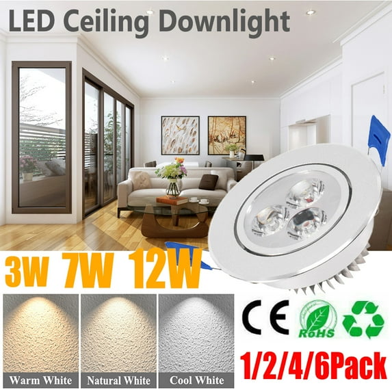 Rosnek 4 Pack Recessed LED Downlight Ceiling Light 3W 7W 12W Spotlight Aluminum Home Lighting, Warm White