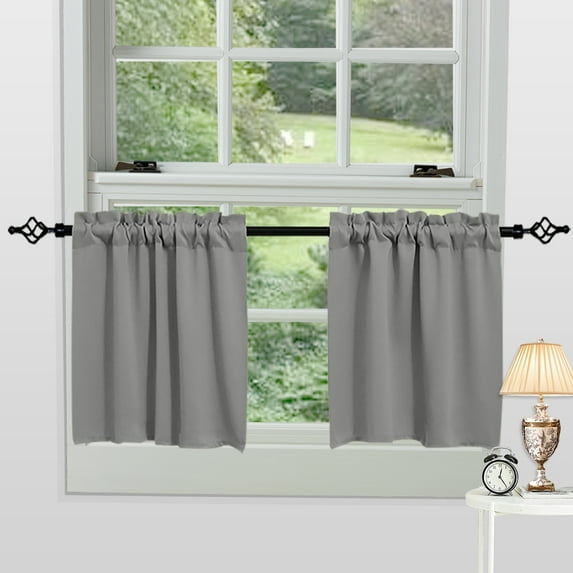 Rosnek Blackout Kitchen Curtains 2 Panels, Rod Pocket 30 inch Length Short Curtain Waffle Weave Farmhouse Cafe Curtains, Grey