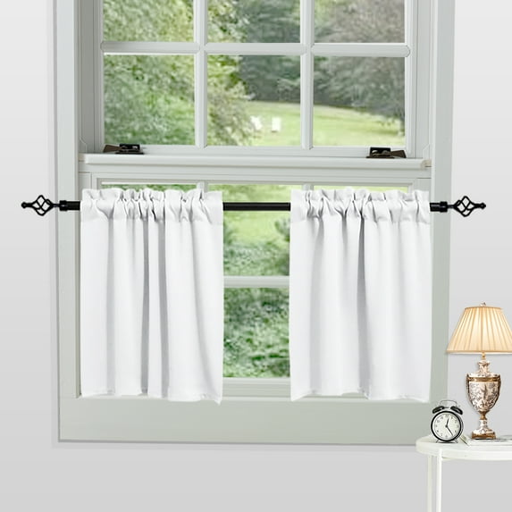 Rosnek Blackout Kitchen Curtains 2 Panels, Rod Pocket 30 inch Length Short Curtain Waffle Weave Farmhouse Cafe Curtains, White