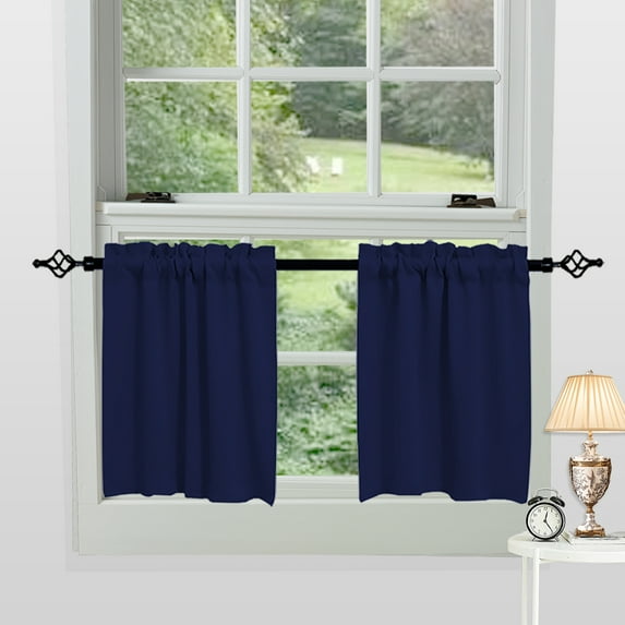 Rosnek Blackout Kitchen Curtains 2 Panels Valance, Rod Pocket 18 inch Length Short Curtain Waffle Weave Farmhouse Cafe Curtains, 2 Panel, Navy Blue