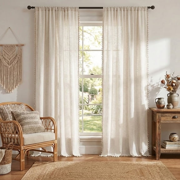 Rosnek Boho Curtains 2 Panels with Vintage Tassels, Semi Sheer Light Filtering Tassel Drapes for Living Room Bedroom Wedding Decor, Soft Voile Rod Pocket, 52 x 84 Inch, Cream