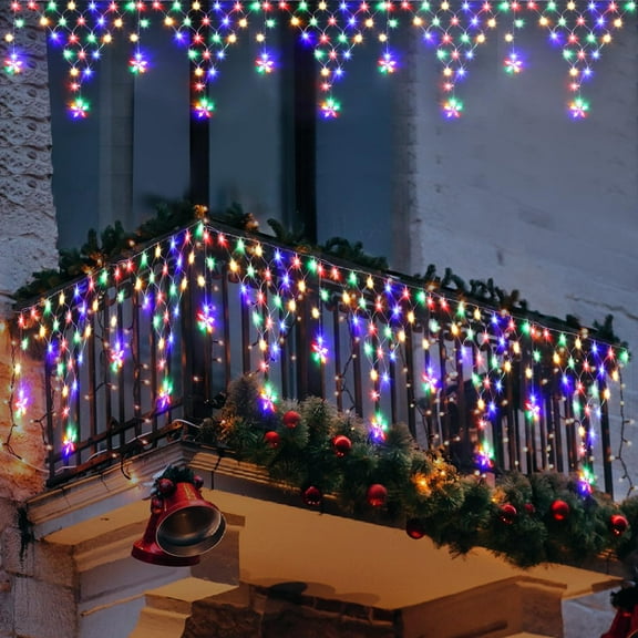 Rosnek Christmas Lights, Outdoor LED Christmas Net Light Waterproof Curtain Lights Outdoor Decorations with 12 Twinkle Star Drops 8 Modes for Fence, Roof Railing Wall Decor