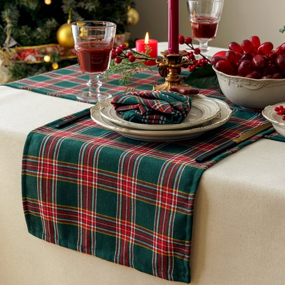 Rosnek Christmas Plaid Table Runner Placemats Kit Buffalo Check Double Sided Table Flag Red Green Party Dining Kitchen Home Decoration