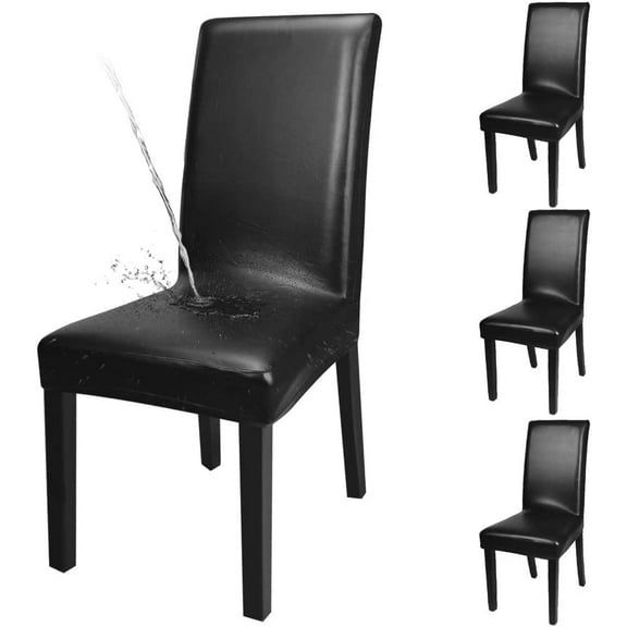 Rosnek Dining Chair Covers, Solid Pu Leather Waterproof and Oilproof Stretch Dining Chair Protector Cover Slipcover (Black, 4 Sets)