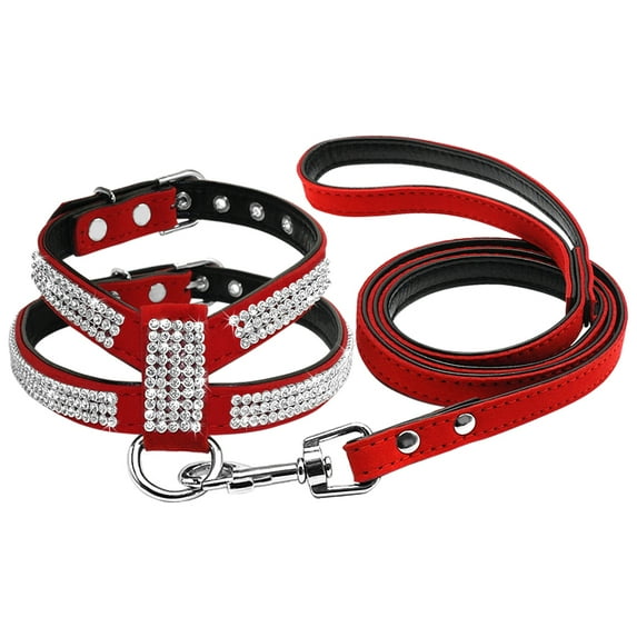 Rosnek Dog Harness And Leash set Suede Leather Rhinestone Pet Harnesses and Walking Leads For Small Medium Dogs Chihuahua