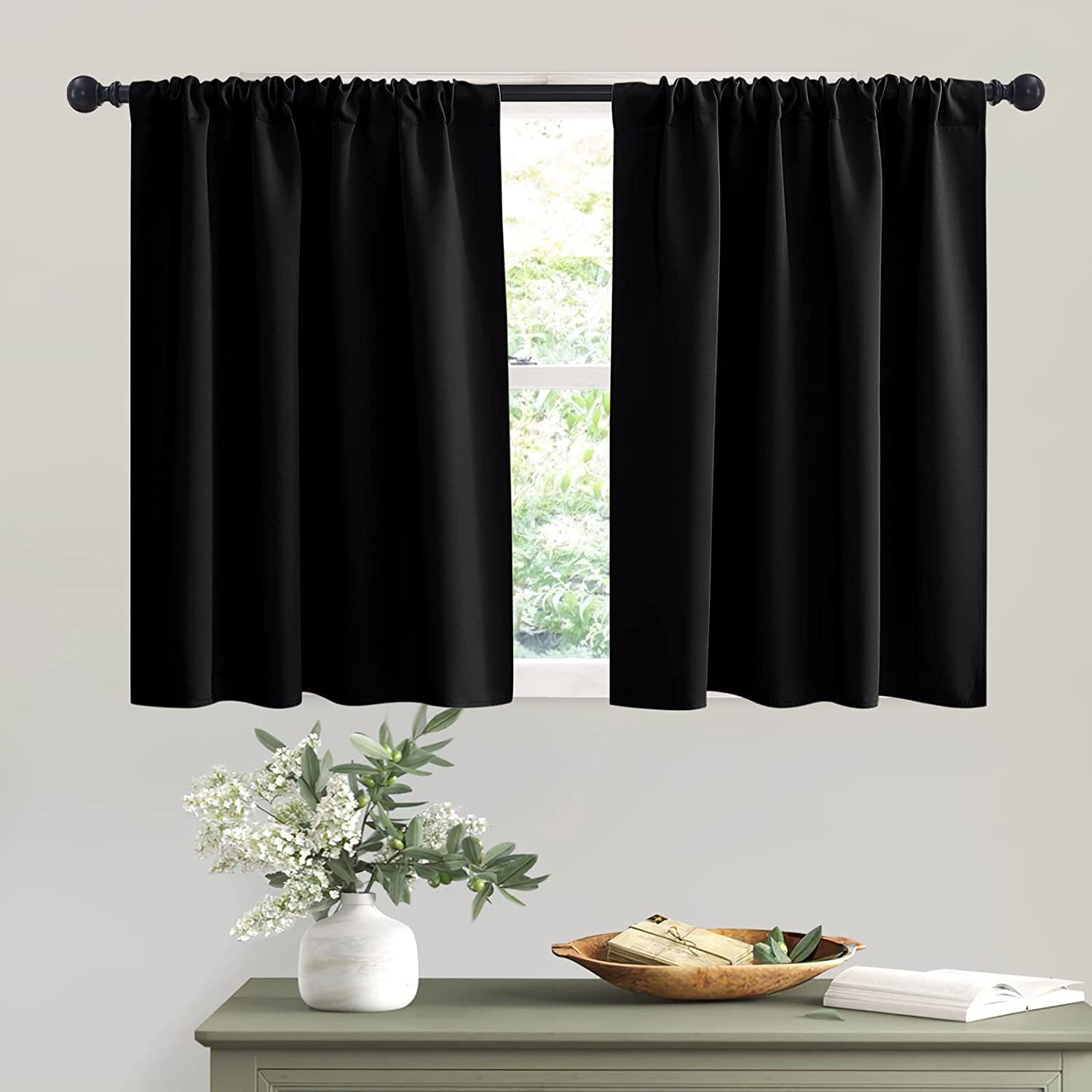 Rosnek 23 in Blackout Kitchen Curtain, Insulated Privacy Drapes, Black ...